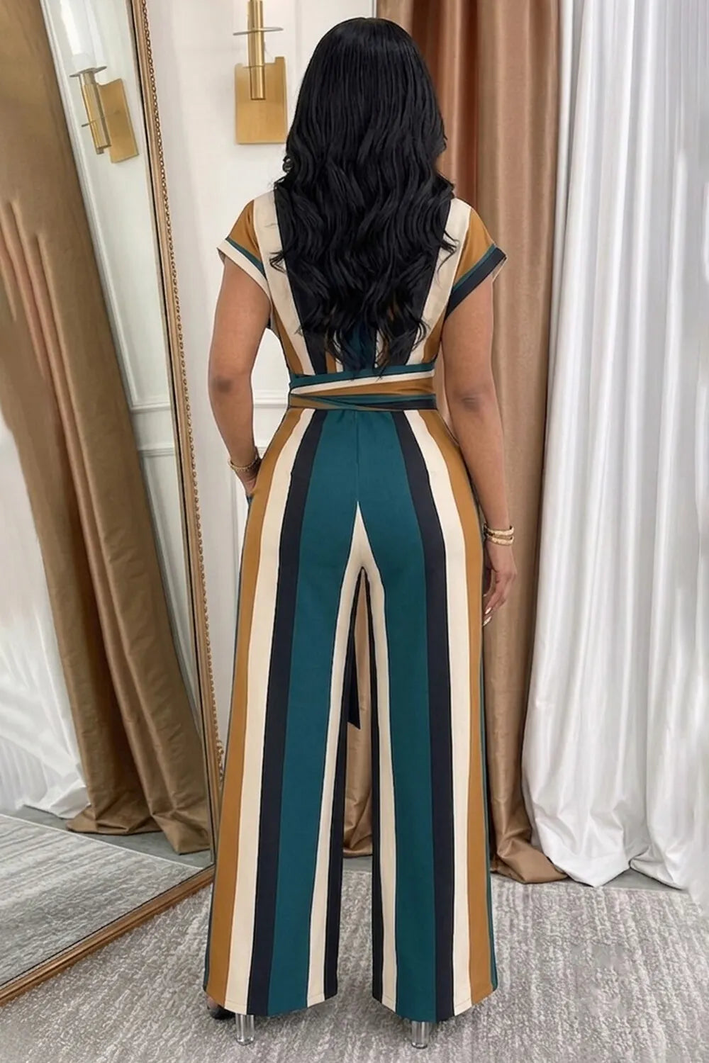 Colorblock  Collar Sash Wide Leg Jumpsuit