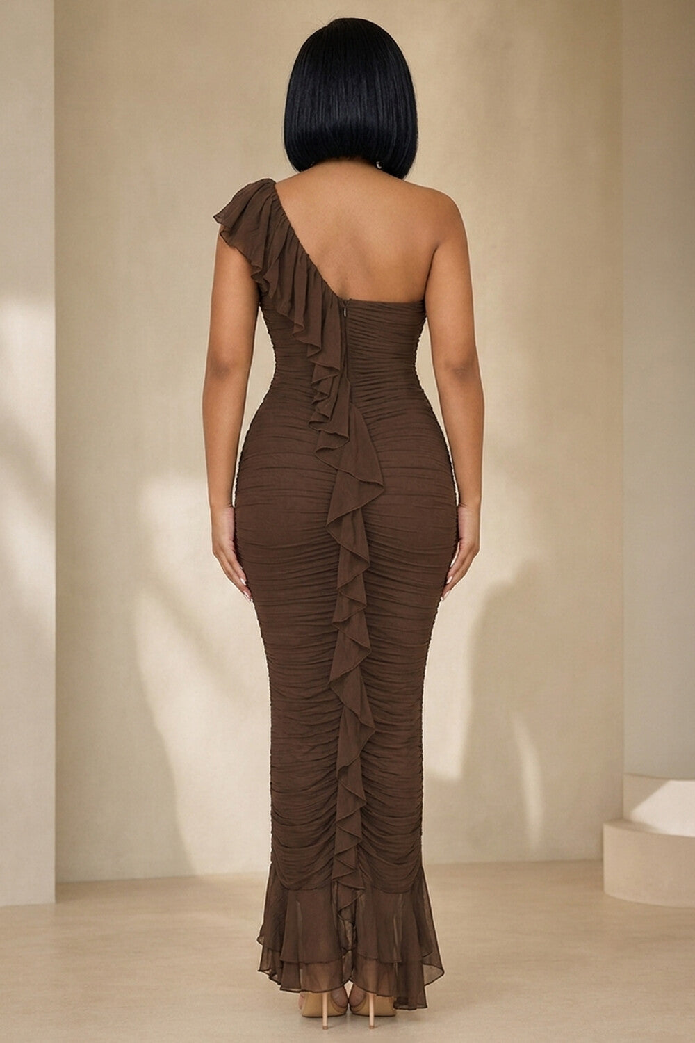Oblique Collar Ruched Ruffle Trim Split Slim Maxi Dresses-Brown