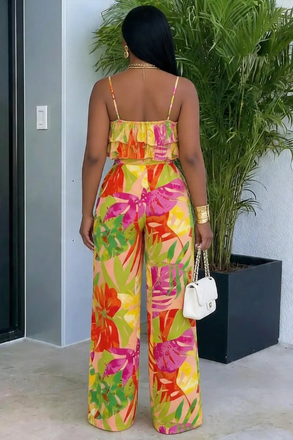 Cami Neck Ruffle Top Wide Leg Pants Vacation 2pcs Set