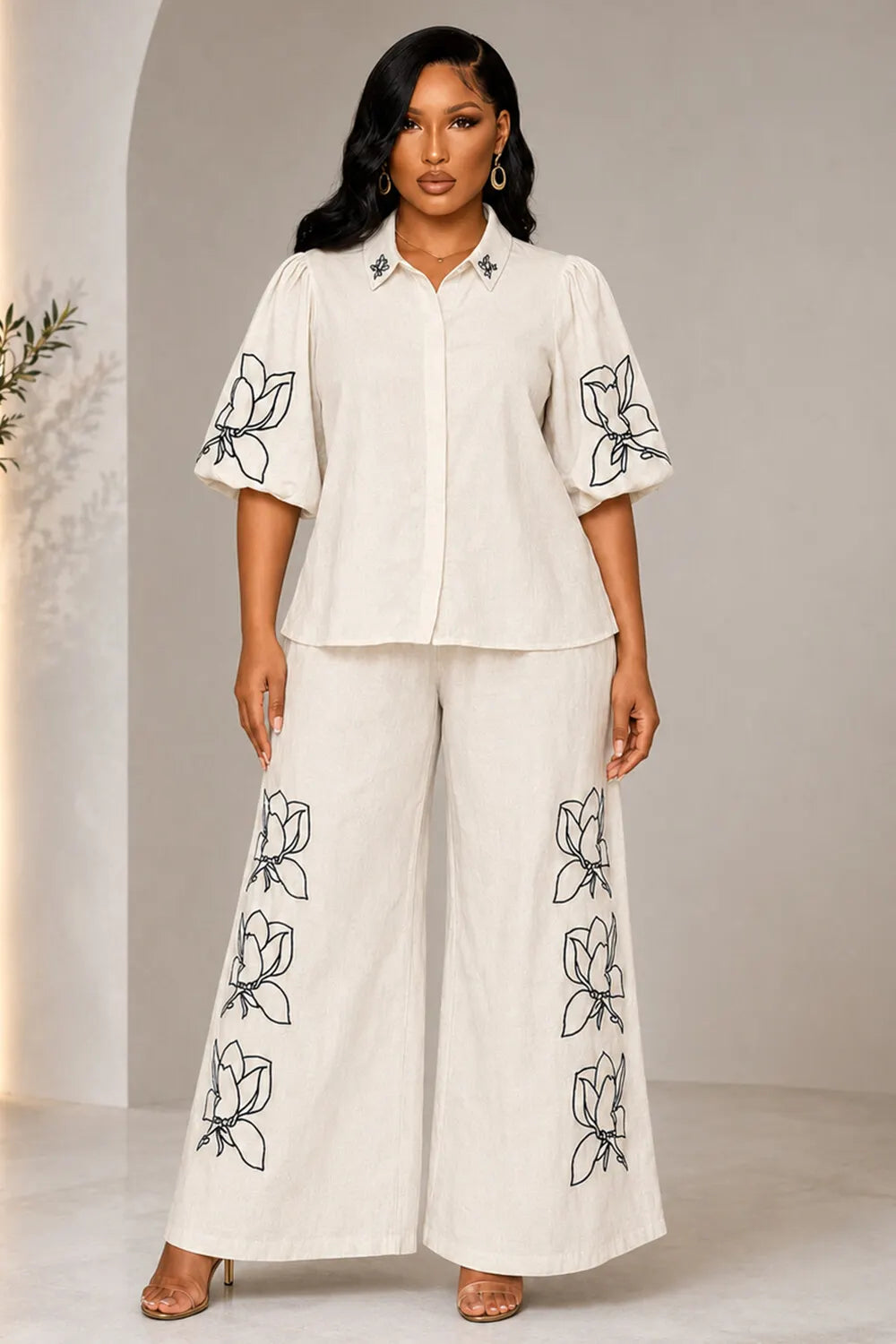Floral Print Puff Sleeve Shirt Loose Fit Wide Leg Pants Casual 2pcs Set-Beige