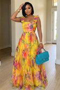 Ruffle Wide Straps Cinch Waist Floral Print Maxi Dresses-Yellow