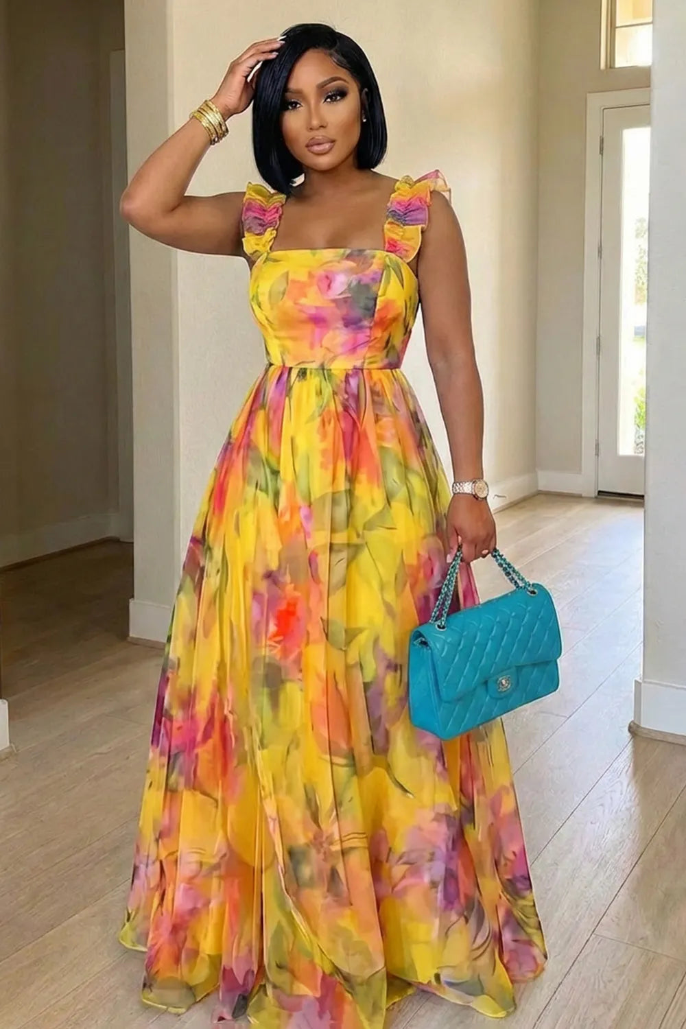 Ruffle Wide Straps Cinch Waist Floral Print Maxi Dresses-Yellow