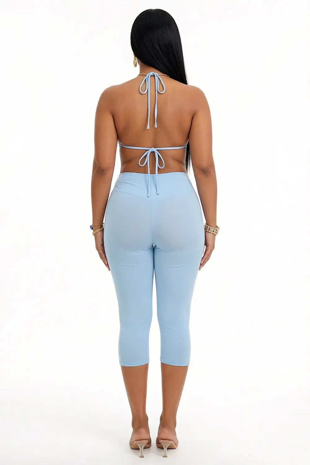 Halter Cowl Neck Backless Lace-Up Top Ruched Capris Pants 2pcs Set-Blue