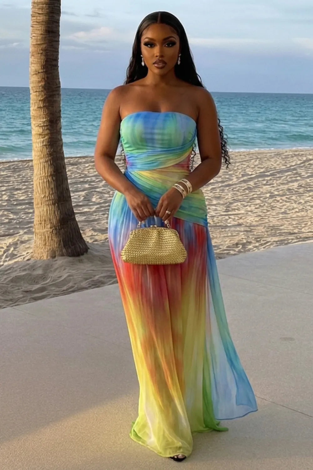 Strapless Ruched Slim Fit Mesh Vacation Maxi Dresses