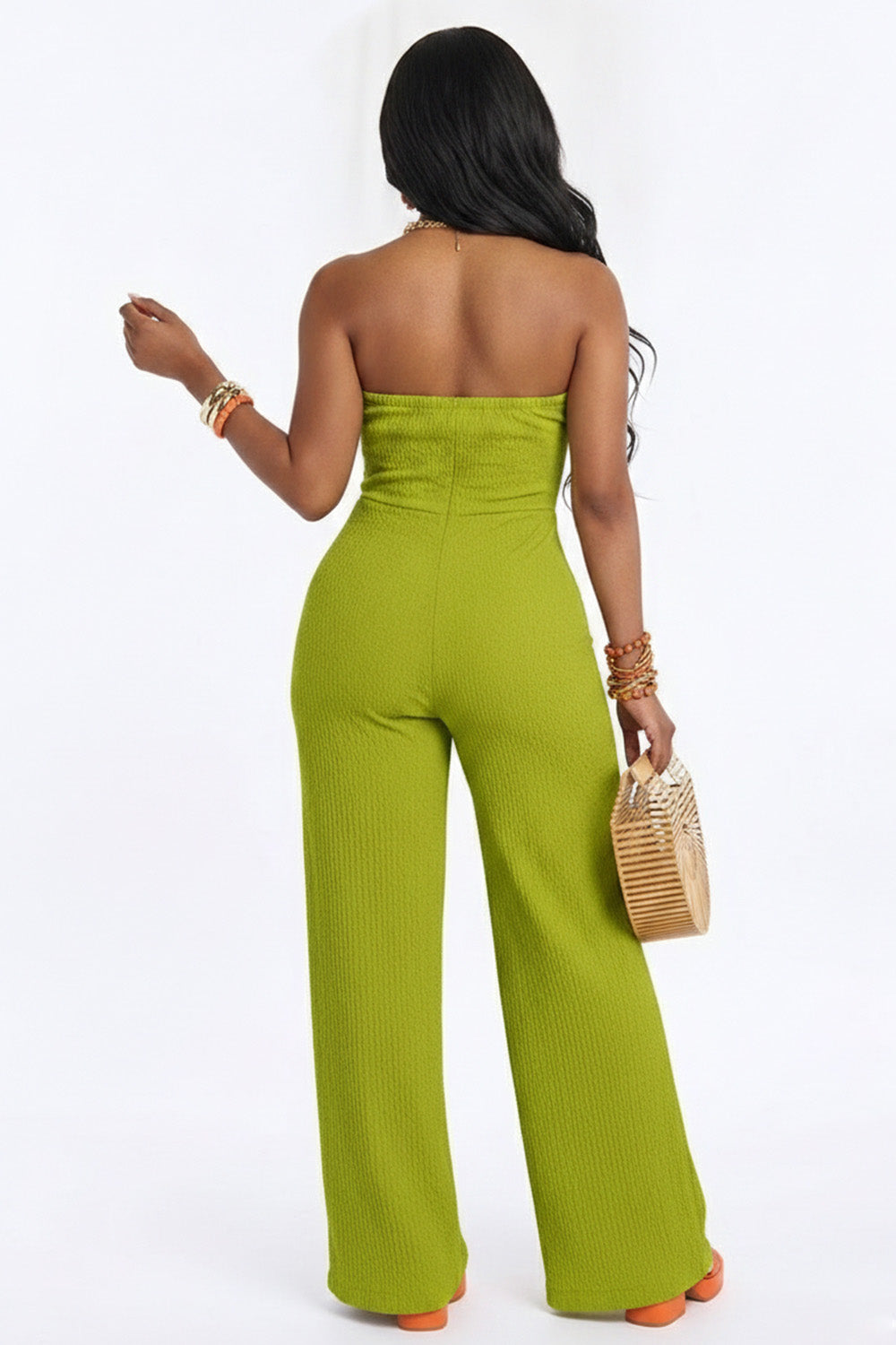 Strapless Bowknot Wrinkle Texture High Waist Wide Leg Vacation Jumpsuit-Green