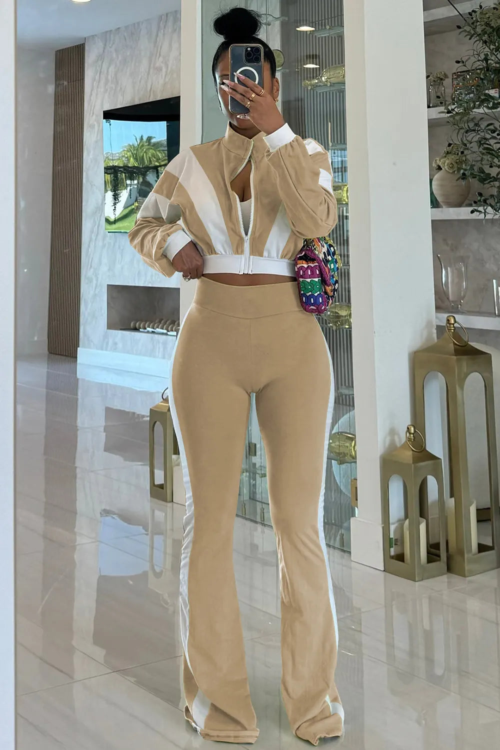 Stand-Up Collar Color Block Long Sleeve Top Flare Leg Pants 2pcs Set-Red