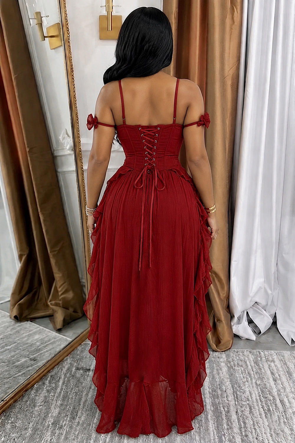Loragal Cami Neck Cinch Waist Ruched High-Low Hem Maxi Dresses-Burgundy