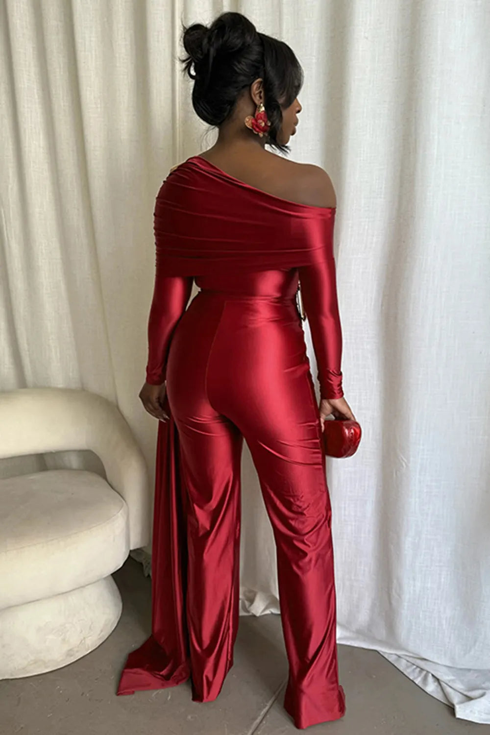 Solid Color Skew Neck Long Sleeve Ruffled Streamer Jumpsuit-Brown