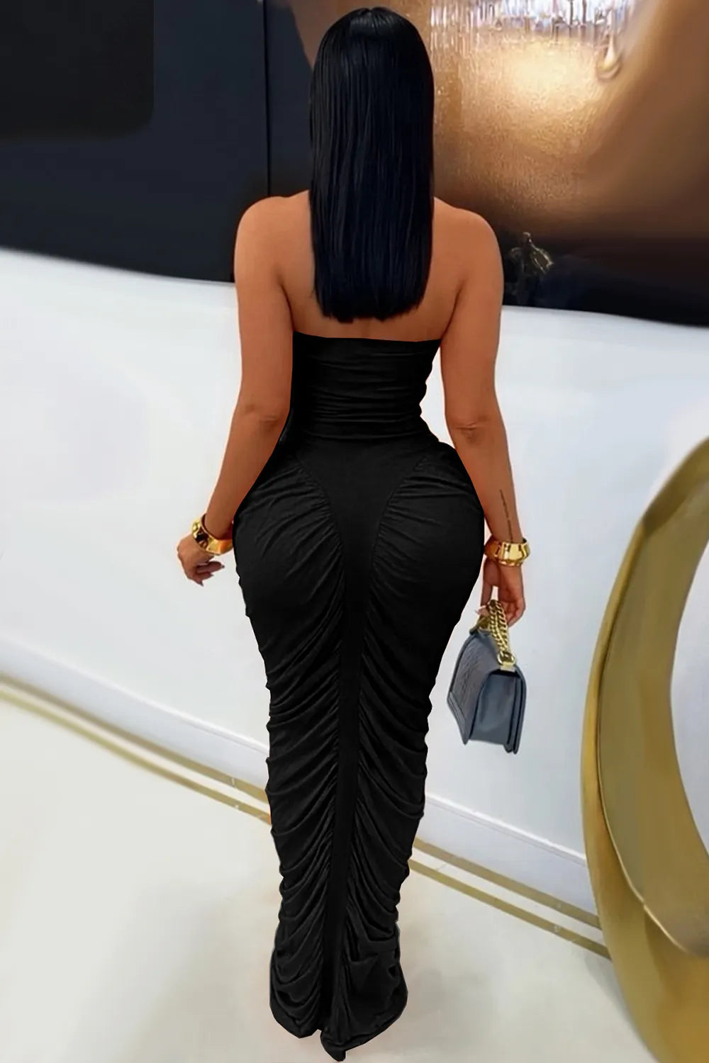 Strapless Solid Color Ruched Bodycon Evening Gowns Maxi Dresses-Gray