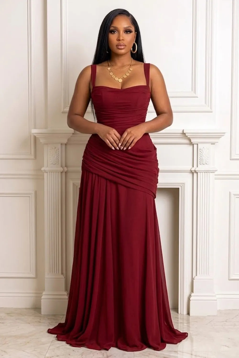 Cami Square Neck Ruched Cinch Waist Back Lace-Up Gowns Maxi Dresses-Yellow