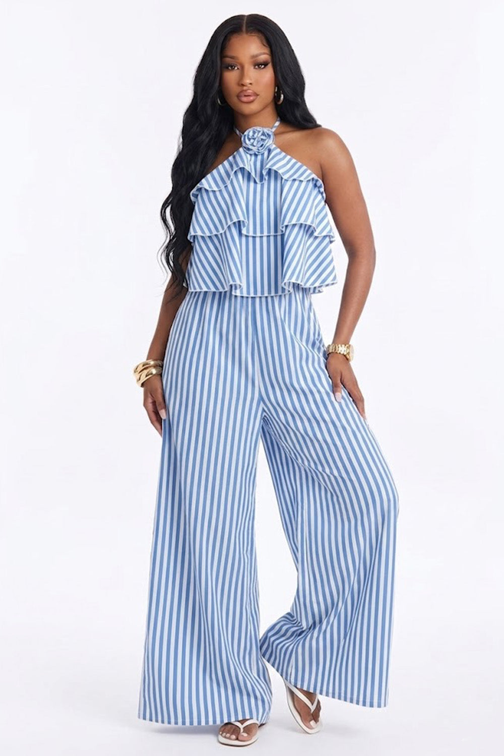 Halter Neck Stripe Print 3D Floral Smocking Ruffled Wide Leg Jumpsuit-Blue
