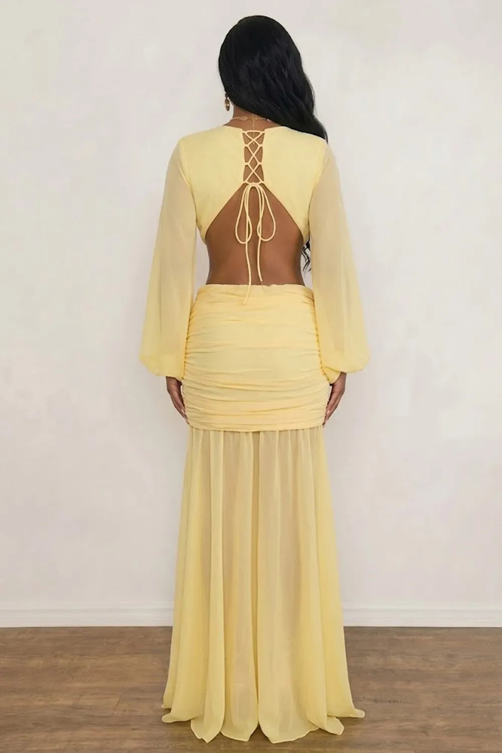 Plunge Neck Lantern Sleeve Cut Out Ruched Backless Maxi Dresses-Yellow