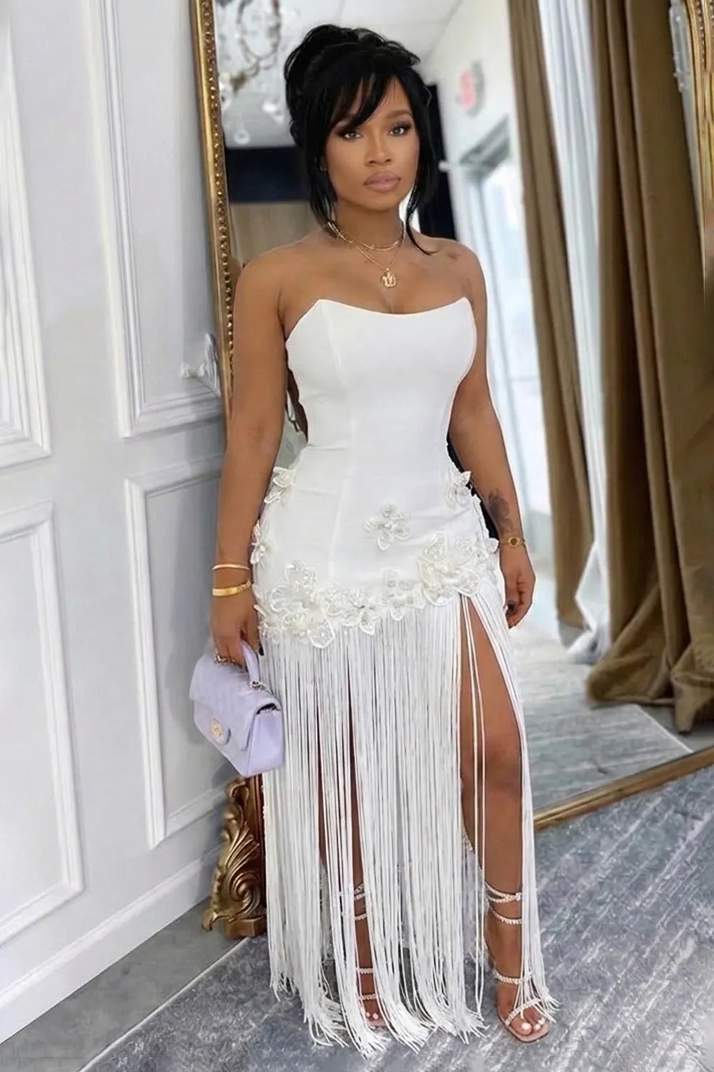 Strapless 3D Flower Fringe Patchwork Gowns Maxi Dresses-White