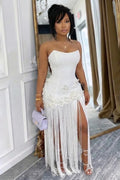 Strapless 3D Flower Fringe Patchwork Gowns Maxi Dresses-White