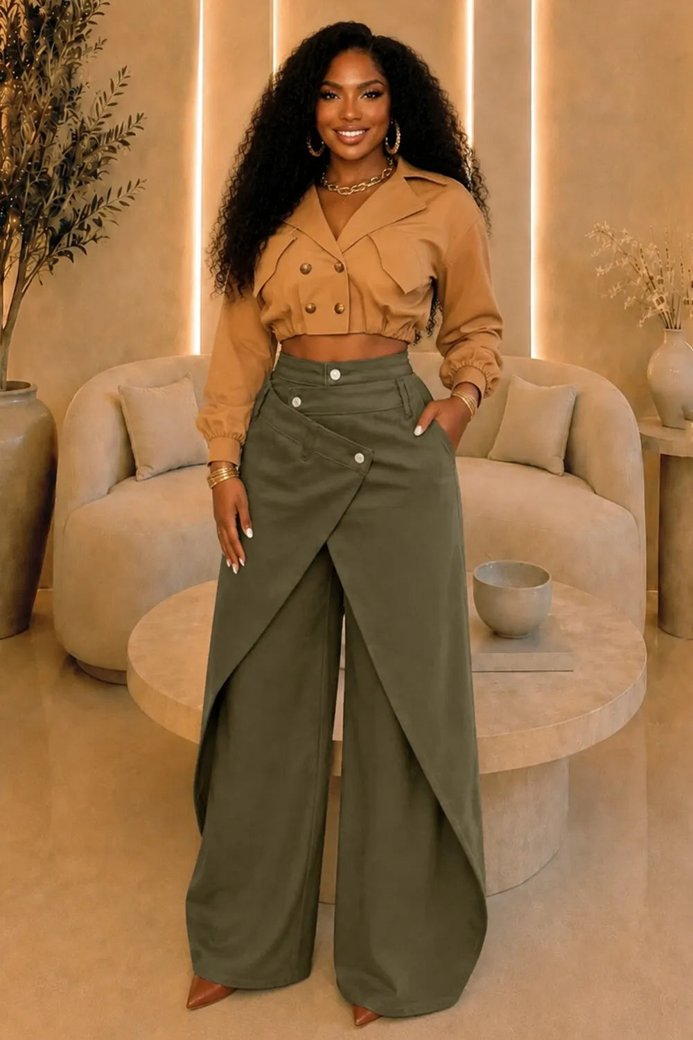Solid Color Asymmetrical Button Overlap Wide Leg Casual Pants-Brown