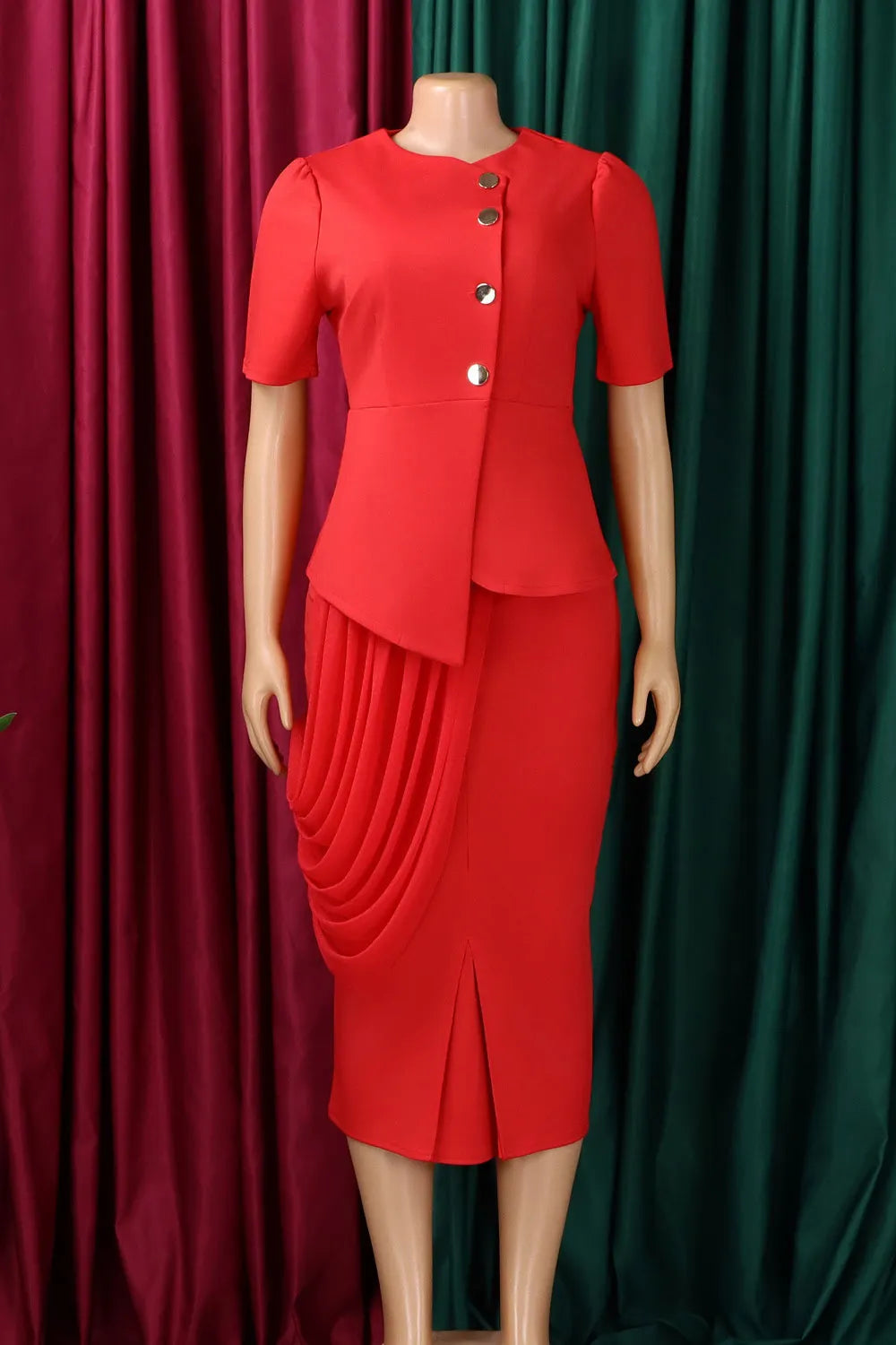 Round Neck Short Sleeve Top Ruched Midi Skirt Solid Color Formal 2pcs Set-Red