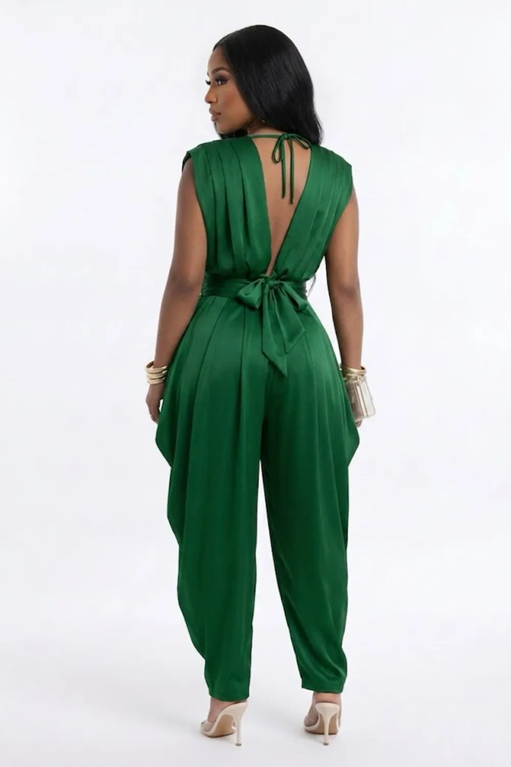 Solid Color Backless Deep V Neck Crop Top Ruched Pants 2pcs Set-Green