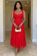 Spaghetti Strap Sweetheart Neck Lace Mesh Party Maxi Dresses-Red