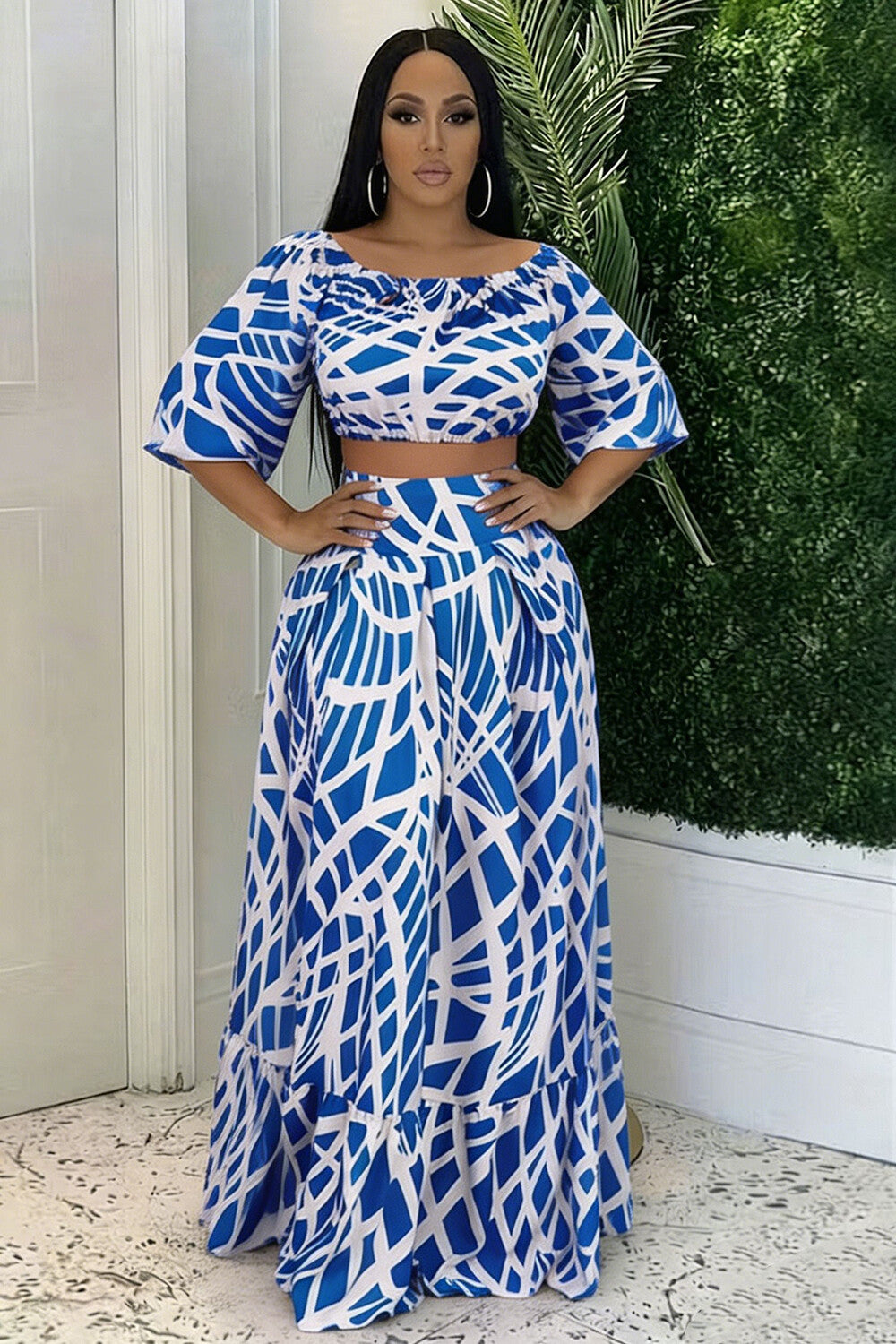 All Over Print Boat Neck Crop Top Bouffant Maxi Skirt Casual 2pcs Set-Purple
