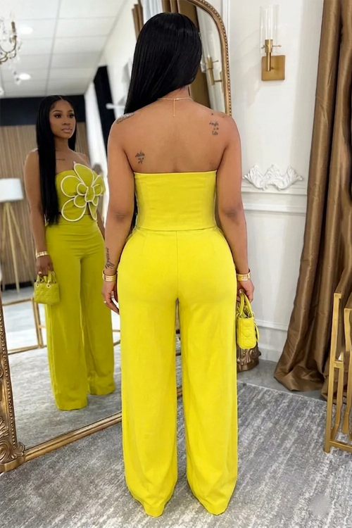 3D Floral Strapless Top Wide Leg Pants Casual 2pcs Set-Yellow