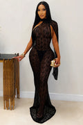 Semi-Sheer Lace Off Shoulder Sash Slim Fit Maxi Dresses-Black