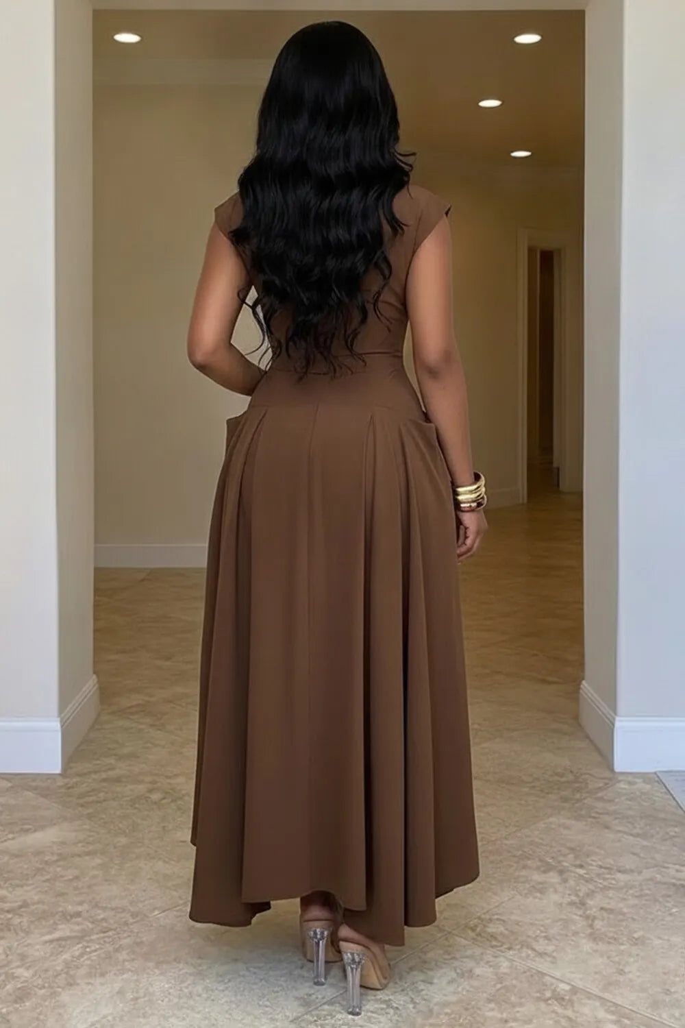 V Neck Cap Sleeve Metal Ring Decor Irregular Hem Plain Maxi Dresses-Brown
