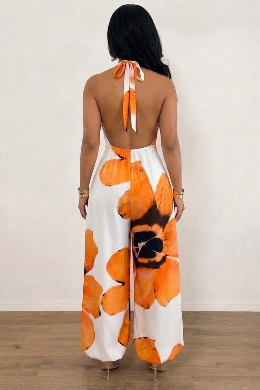 Halter Neck Floral Print Backless Pocket Loose Fit Vacation Jumpsuit-Orange