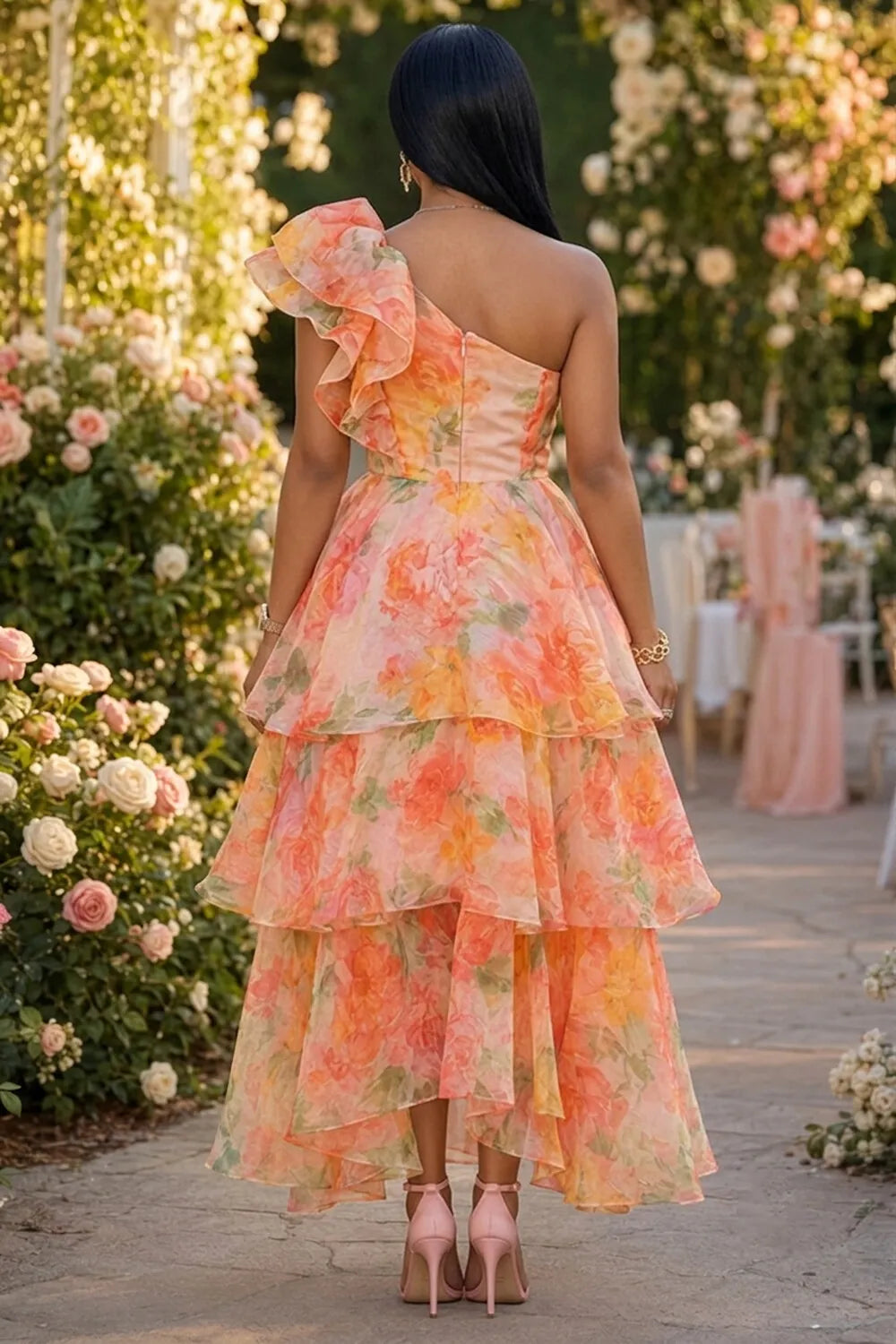 Floral Print One Shoulder Tiered Ruffle Hem Midi Dresses-Orange