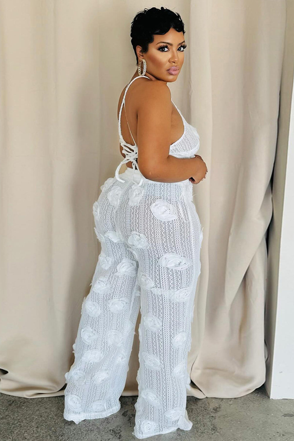 3D Flower Halter Backless Crop Top Wide Leg Pants Knit Casual 2pcs Set-White