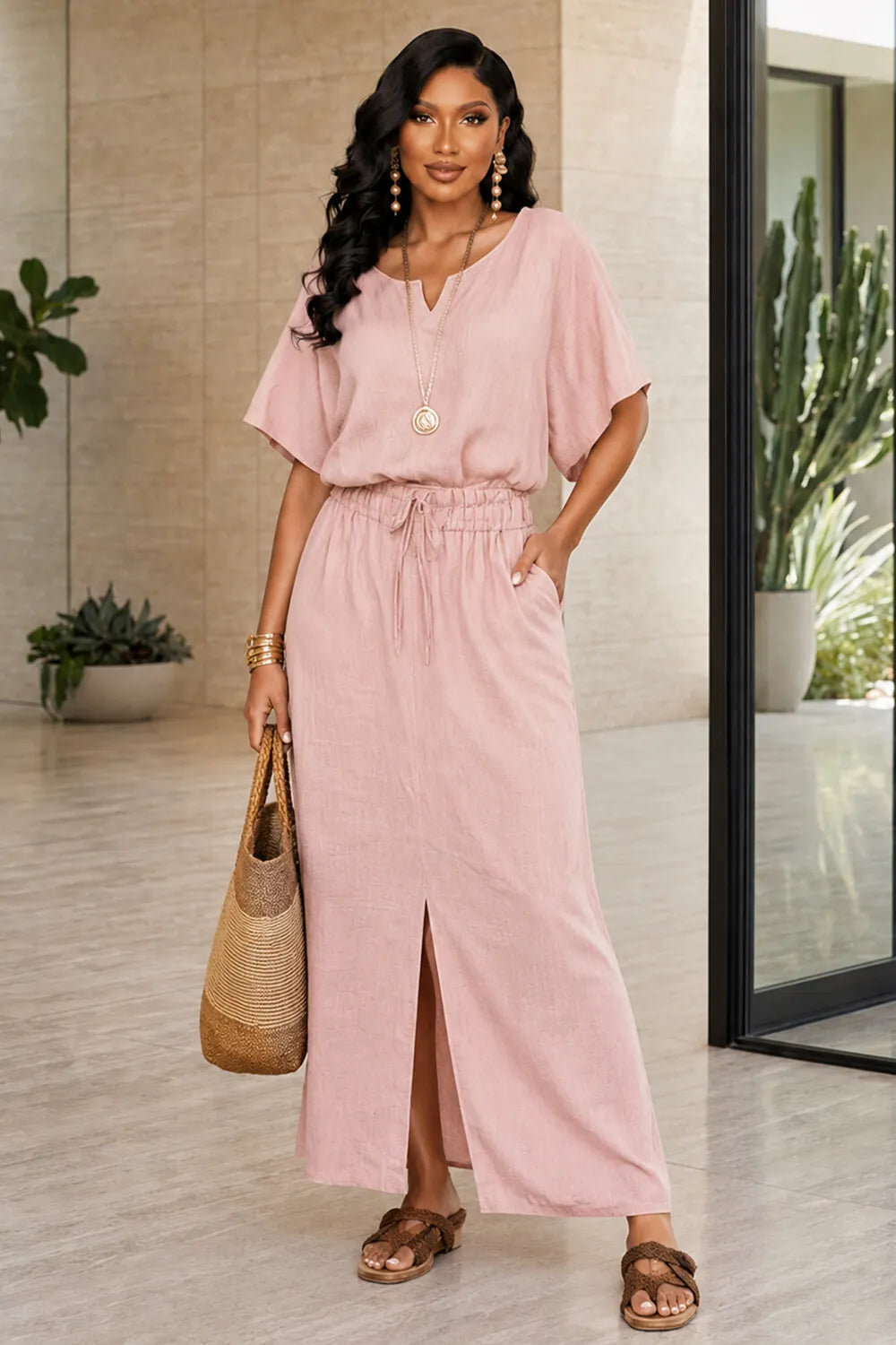 Round Neck Batwing Sleeve Top Drawstring Slit Maxi Skirt 2pcs Set-White