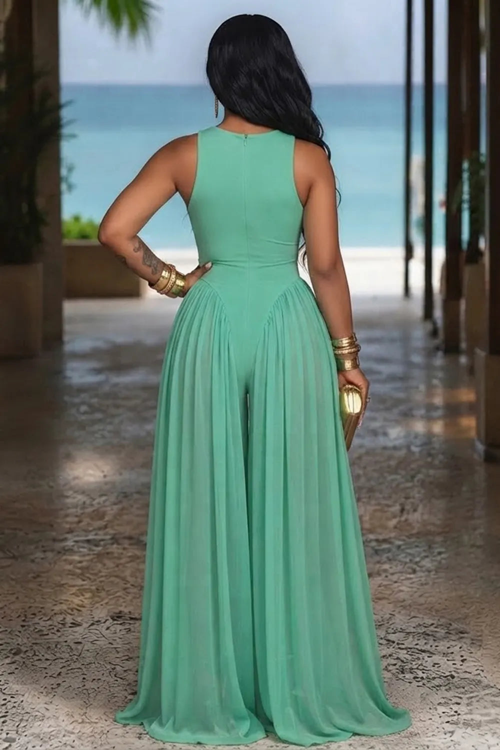 Round Neck Sleeveless Cinch Waist Mesh Patchwork Jumpsuit-Green