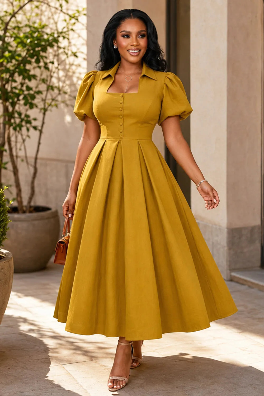 Bubble Sleeve Single Breasted A-Line Casual Maxi Dresses-Yellow