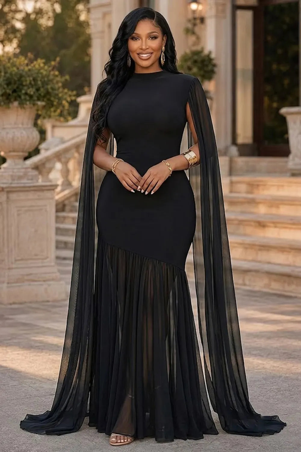 Cape Sleeve Cinch Waist Mesh Patchwork Pleated Gowns Maxi Dresses-Yellow