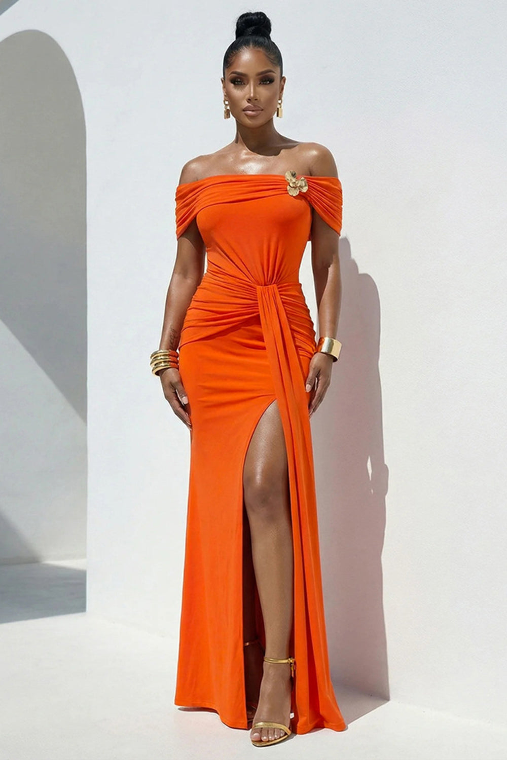 Off Shoulder Ruched Metal Decor Solid Color Slit Gowns Maxi Dresses-Fuchsia