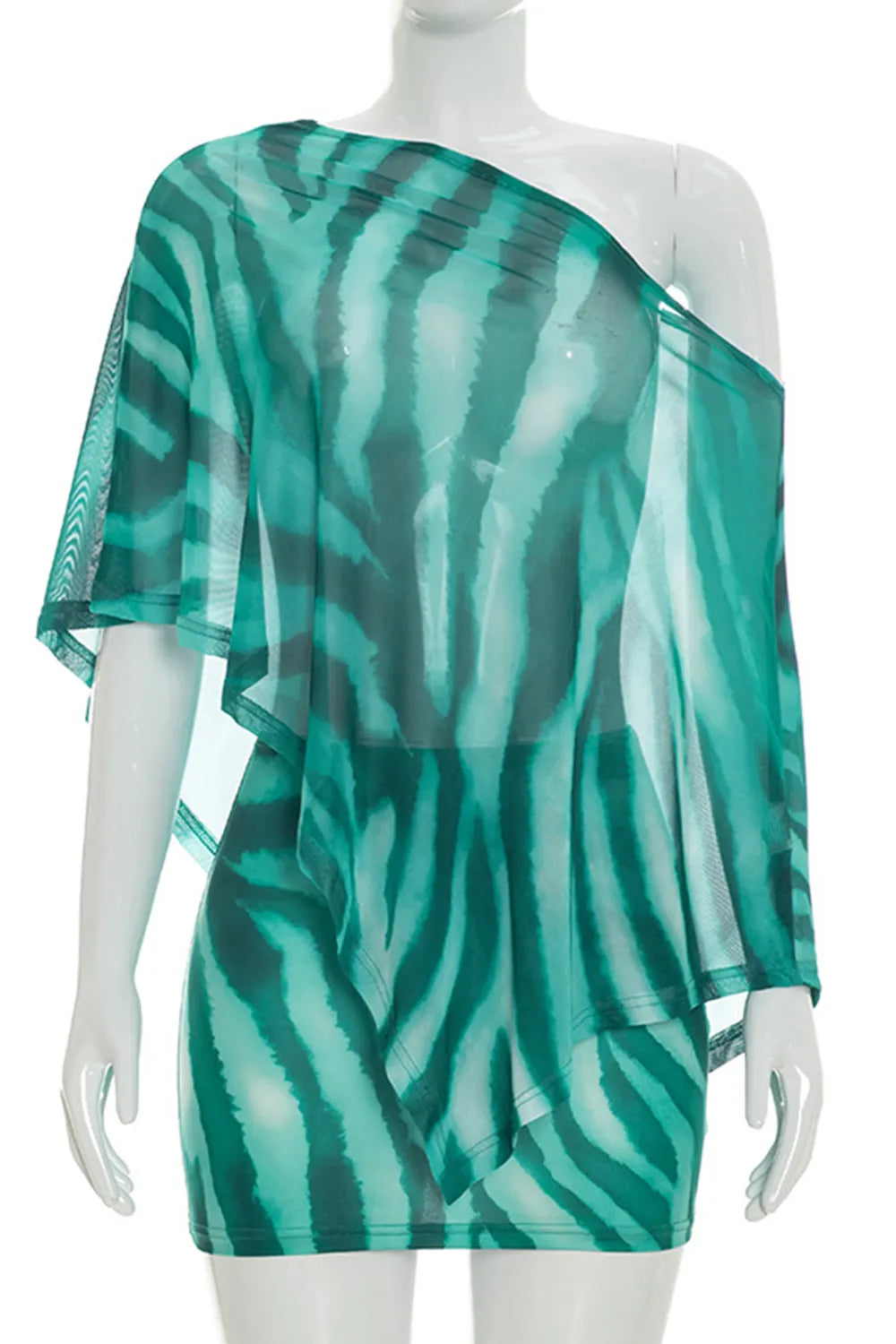 Tiger Print Skew Neck Irregular Hem Shawl Top Mini Skirt 2pcs Set-Green