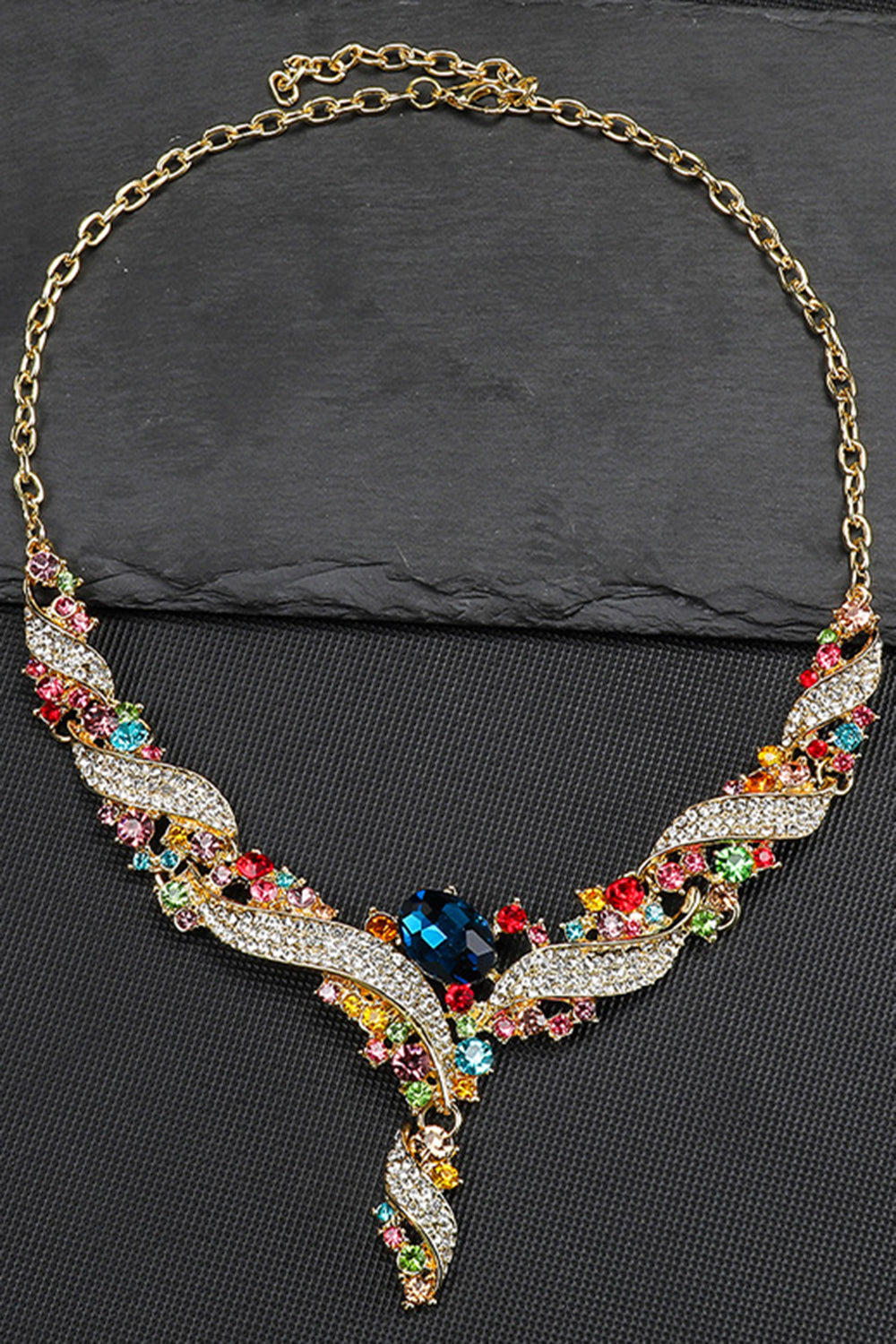 Vintage Inlaid Rhinestones Necklace Dangle Earrings Jewelry Set
