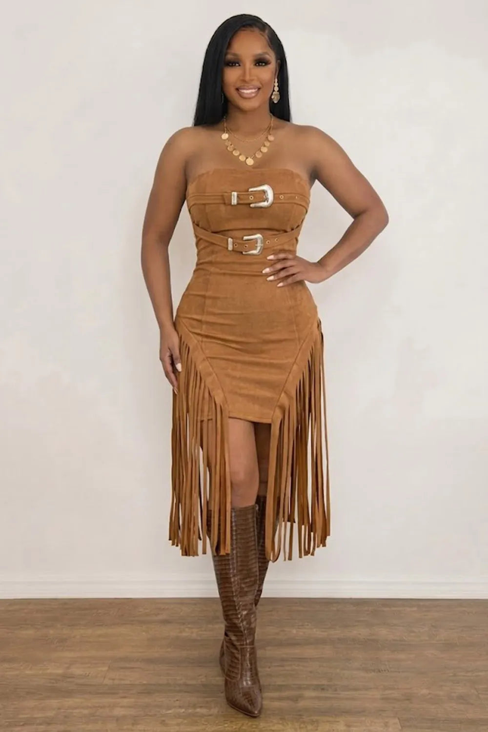 Strapless Metal Buckle Long Fringe Bodycon Suede Casual Mini Dresses-Black