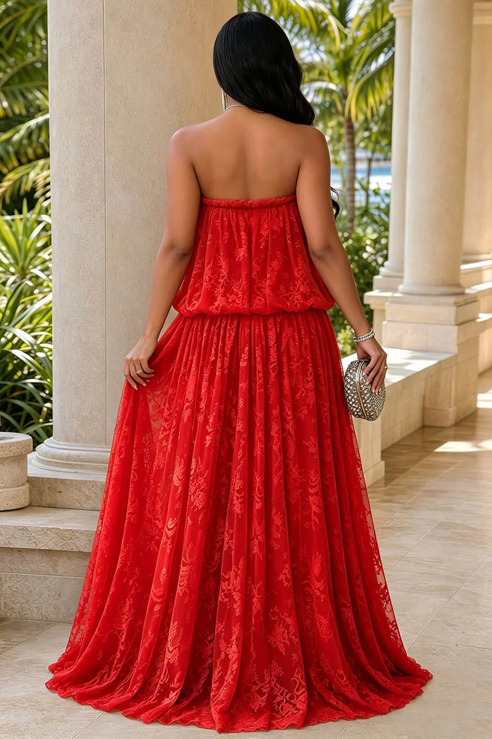 Strapless Cut Out Lace Ruffle Hem Loose Fit Maxi Dresses-Red