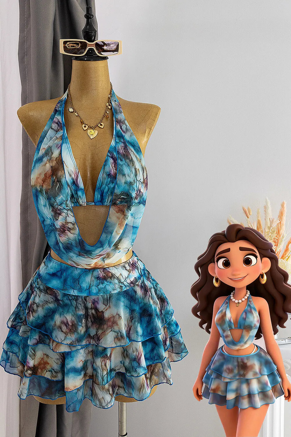 Tie Dye Halter Top Tiered Ruffle Mini Skirt Bikini Swimsuit 3pcs Set-Blue