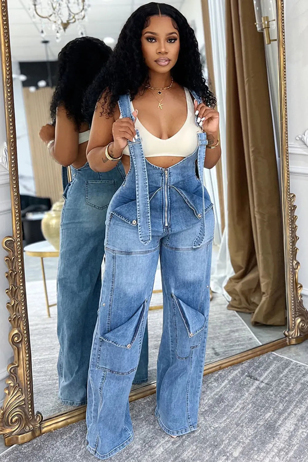 Solid Color Adjustable Strap Zipper Washed Denim Casual Overalls-Blue