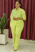 Leaf Pattern  Collar Shirt Wide Leg Pants Casual 2pcs Set-Yellow