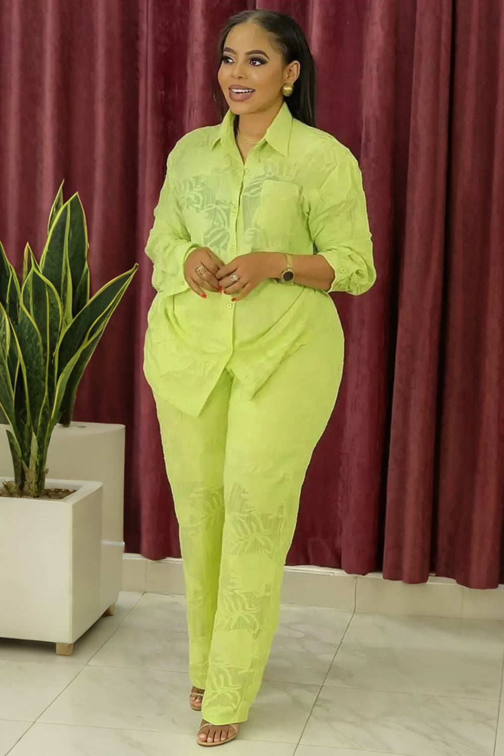 Leaf Pattern  Collar Shirt Wide Leg Pants Casual 2pcs Set-Yellow