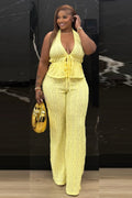 Solid Color Halter Deep V Neck Lace-Up Top High Waist Pants 2pcs Set-Yellow