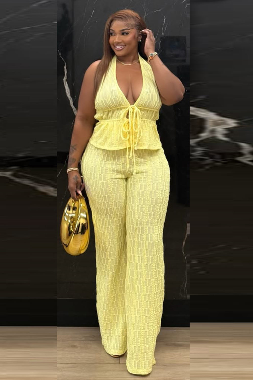 Solid Color Halter Deep V Neck Lace-Up Top High Waist Pants 2pcs Set-Yellow