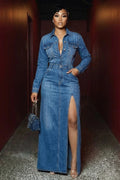 Denim  Collar Long Sleeve Slit Casual Maxi Dresses-Blue
