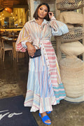 Colorblock Striped Turndown Collar Casual Maxi Dresses-Multicolor