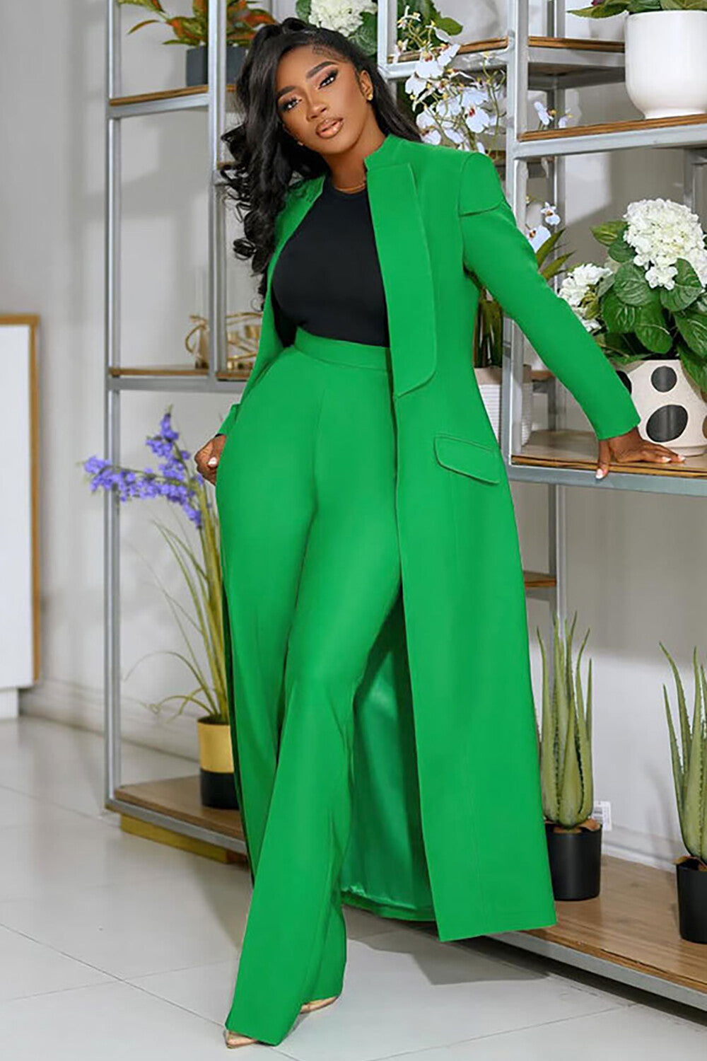 Collar Solid Color Long Blazer High Waist Pants 2pcs Set-Green