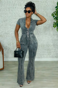 Notched Lapel Short Sleeve Single Breast Flare Leg Jumpsuit-Gray