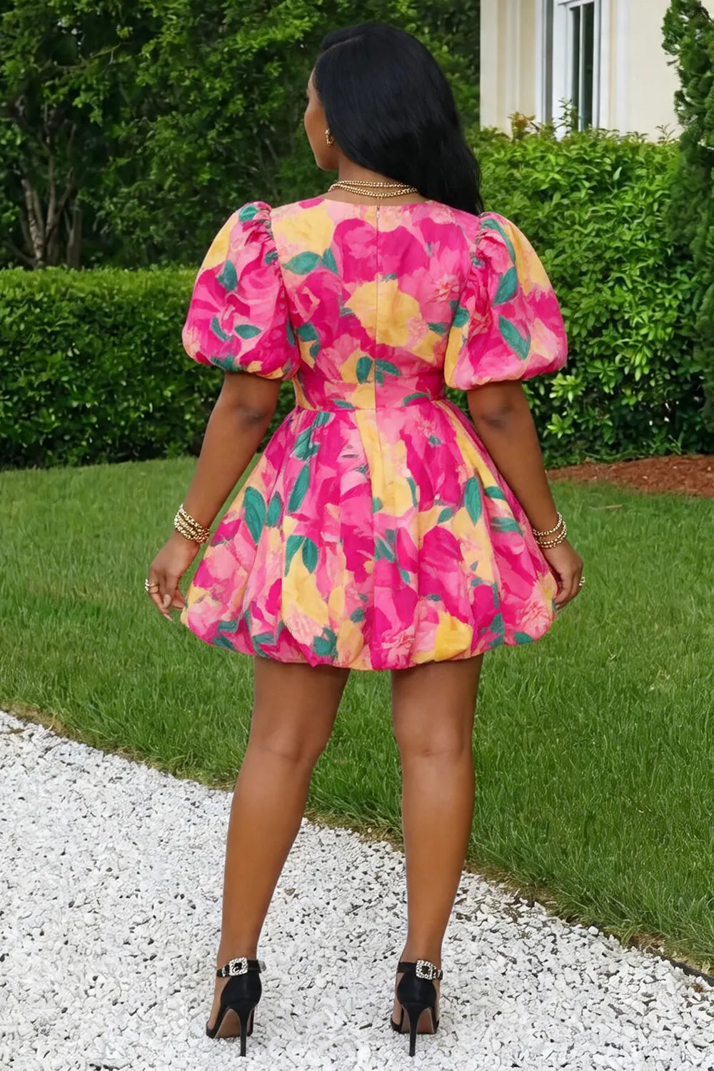 V Neck Puff Sleeve Floral Print Bubble Vacation Mini Dresses-Pink