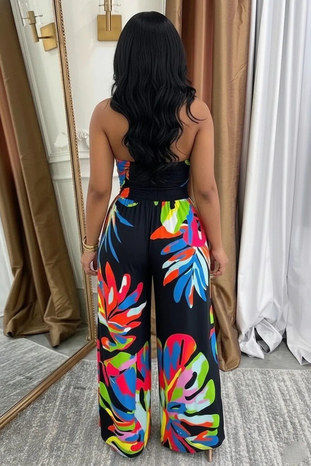 Halter Backless Leaf Print Wide Leg Casual Jumpsuit